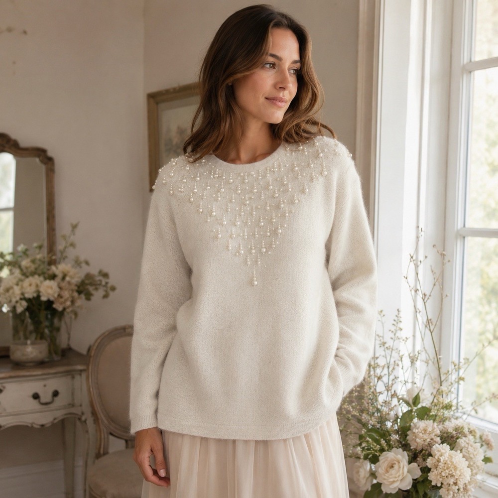 Vintage Chelsea Young Mohair Blend Pearl Beaded Ivory Sweater Sz M 90s